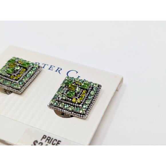 Charter Club Clip On Earrings Square Green Rhinestone Silver Tone Bling New - Picture 2 of 3